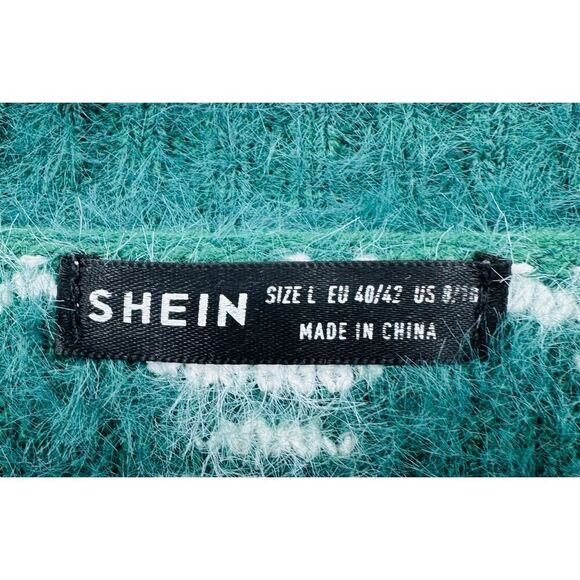 Shein Cropped Argyle Sweater Green White Womens Large Fuzzy Soft Preppy - Picture 4 of 4